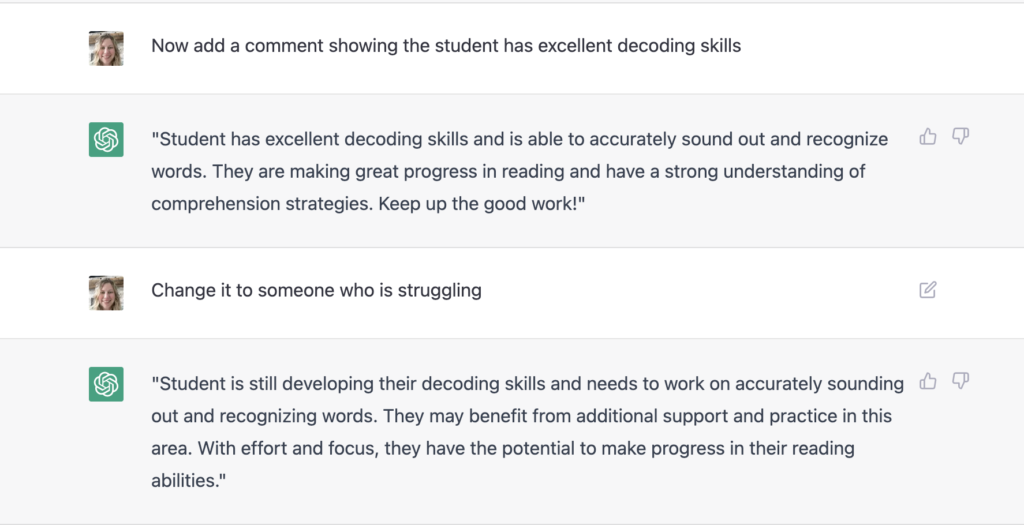 Report card comments using ChatGPT